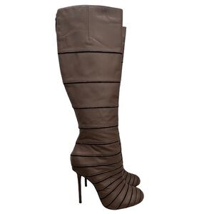 L.A.M.B Gwen Stafani Tan Brown Leather Knee High Stiletto Boots 7.5